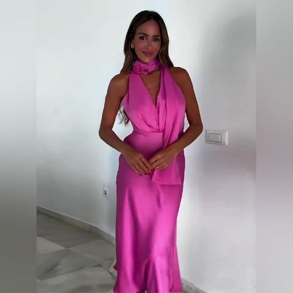 NWT ZARA FLORAL SATIN EFFECT MIDI DRESS pink - Picture 1 of 17